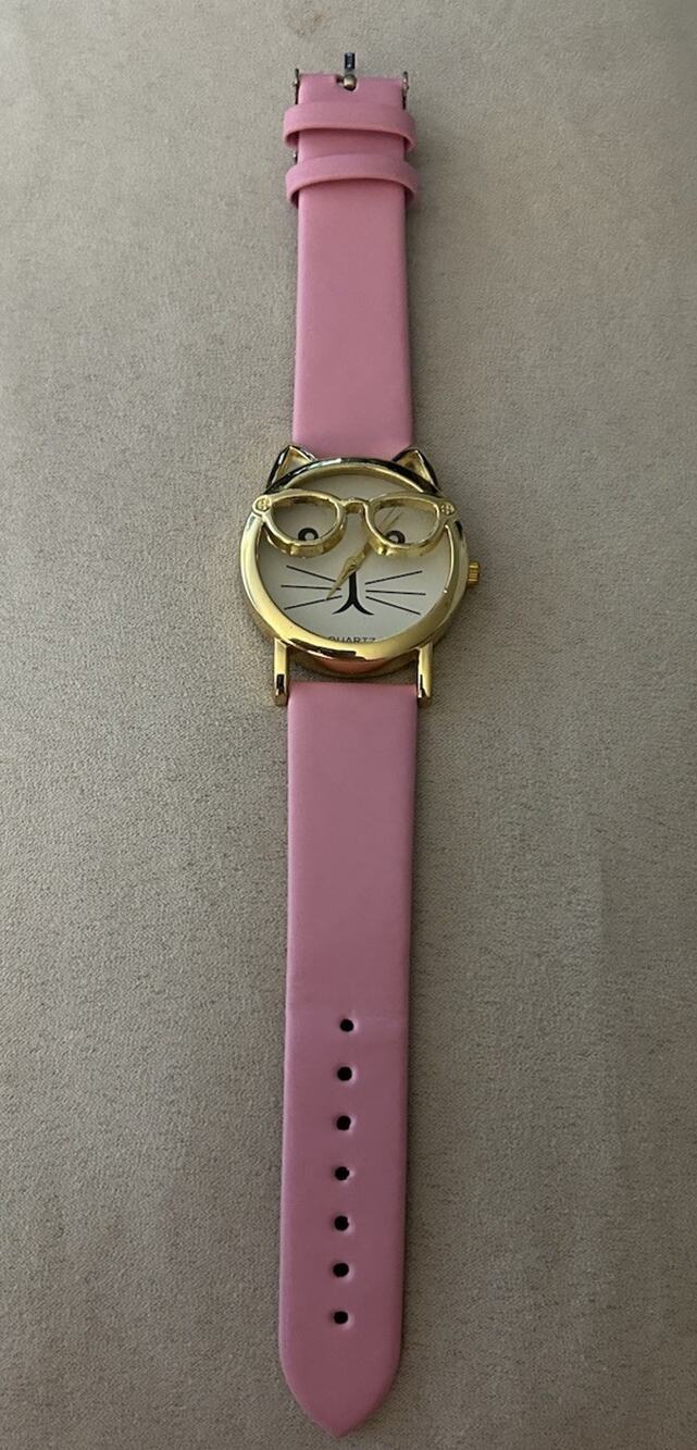Cat Face With Glasses Watch Women's Pink Faux Leather Band ~ **Needs Battery**